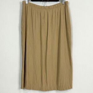 Vintage Tan 90s Crinkle Elastic Waist Midi Skirt Made in USA L